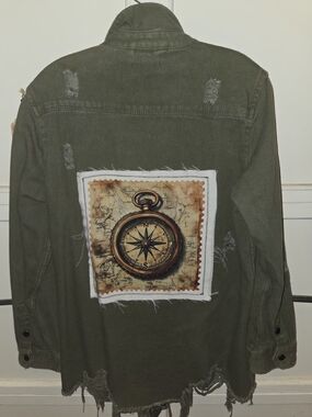 Fashion Nova Olive Green Distressed Denim Jacket with Compass Patch